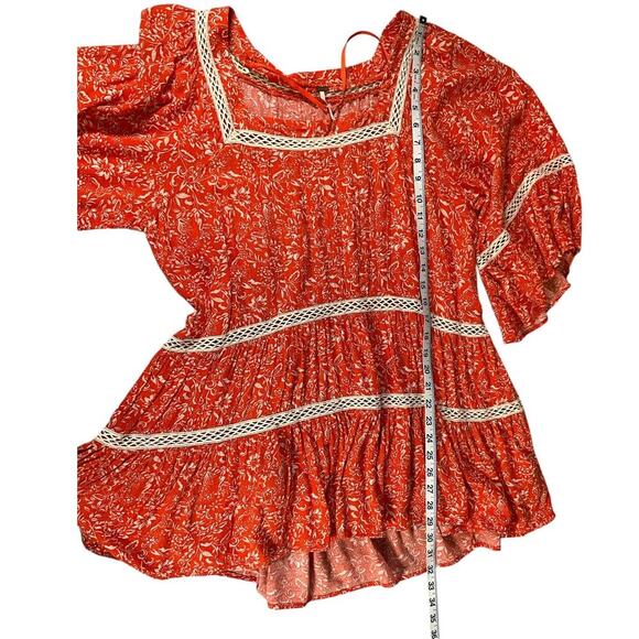 Free People Size Large Orange Boho Print Tunic Top Blouse W Ivory Crochet Trim - Picture 7 of 9